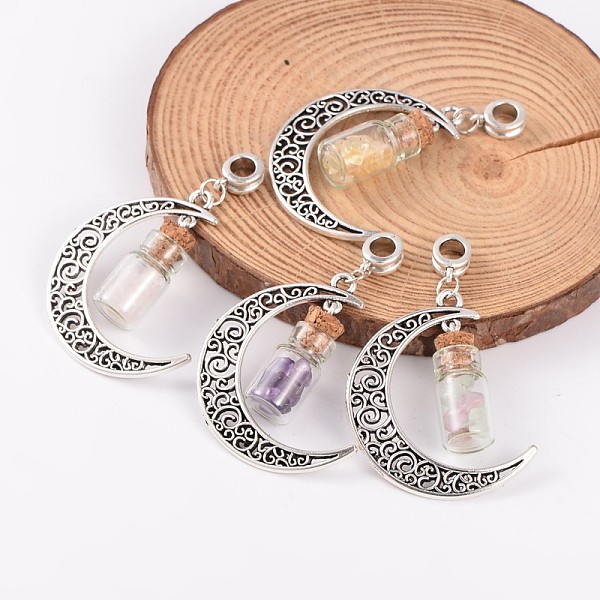 

PandaHall Moon Antique Silver Alloy European Dangle Charms, with Mixed Stone Glass Wishing Bottles, 57x28x10mm, Hole: 4.5mm Mixed Stone Moon