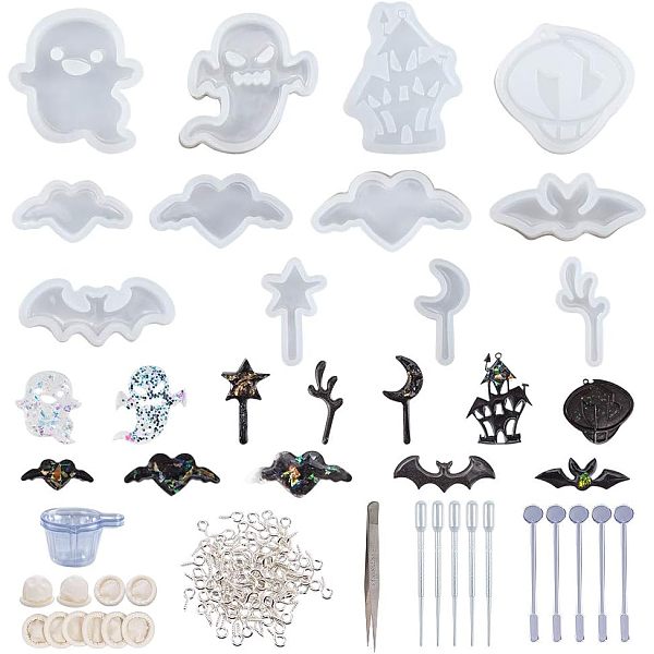 

PandaHall OLYCRAFT 12pcs Halloween Theme Silicone Molds Resin Jewelry Casting Mold Kit with Tools 153pcs in Total for Epoxy Resin Jewelry..., White