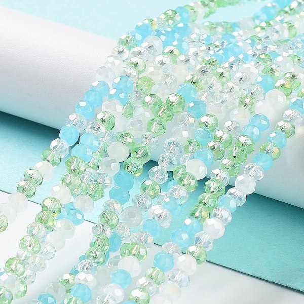 

PandaHall Glass Beads Strands, Faceted, Rondelle, Azure, 4x3mm, Hole: 0.4mm, about 123~127pcs/strand, 15.75~16.5 inch(40~42cm) Glass..., Blue