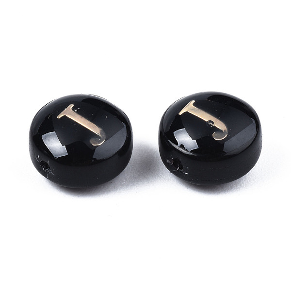

PandaHall Handmade Lampwork Beads, with Golden Plated Brass Etched Metal Embellishments, Flat Round with Alphabet, Letter.J, 8x5mm, Hole..., Black