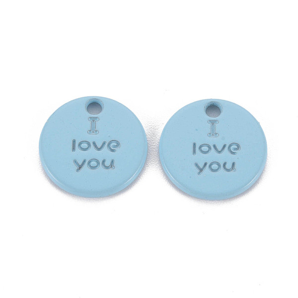 

PandaHall Spray Painted Alloy Charms for Valentine's Day, Cadmium Free & Lead Free, Flat Round with Phrase I Love You, Light Sky Blue...