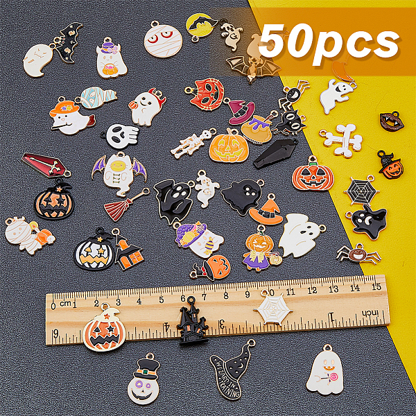 

PandaHall SUPERFINDINGS 50Pcs 50 Styles Alloy Enamel Pendants, Halloween, Mixed Shapes, Mixed Color, 10.5~26.5x11~29x1~3mm, Hole: 1~2mm..., Multicolor