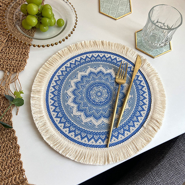 

PandaHall Polyester Braided Washable Placemat, Bohemian Style Woven Tassel Coaster, Flat Round, Royal Blue, 330mm Polyester Flat Round