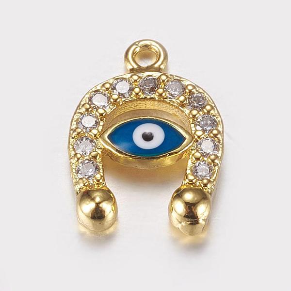 

PandaHall Long-Lasting Plated Brass Micro Pave Cubic Zirconia Enamel Charms, Real 18K Gold Plated, Horseshoe with Evil Eye, 13.5x10x2mm..., Clear