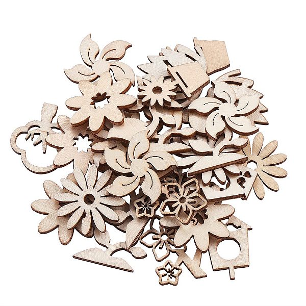 PandaHall Unfinished Wood Piece Decorations, DIY Craft Supplies, Hollow out Mixed Shape, Antique White, 2.8~3.2x2~3x0.25cm Wood