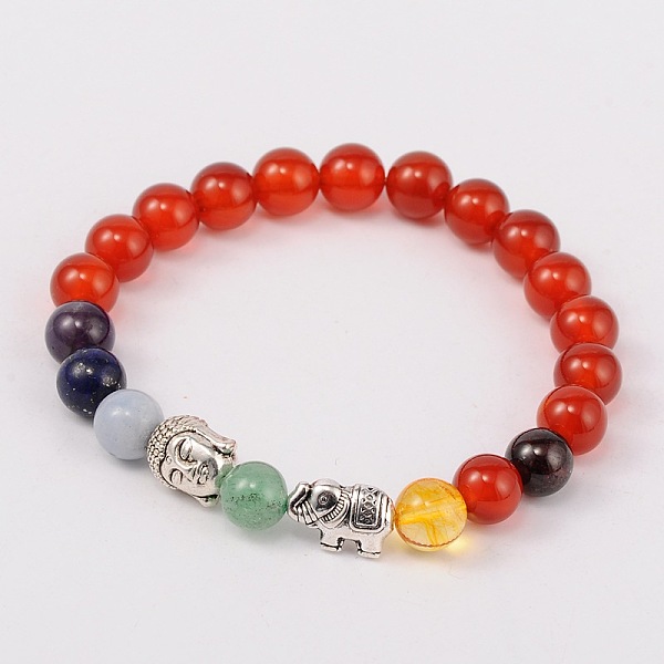 

PandaHall Stretch Buddhist Jewelry Multi-Color Gemstone Chakra Bracelets, with Tibetan Style Beads, Antique Silver, Red Agate, 55mm...