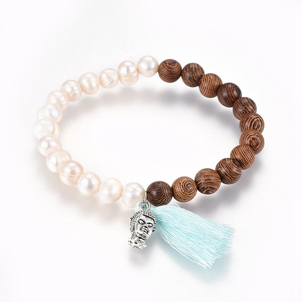

PandaHall Cotton Thread Tassels Charm Stretch Bracelets, with Natural Pearl, Wood Beads and Tibetan Style Alloy Buddha Beads, Sky Blue...