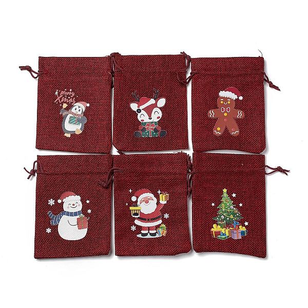 

PandaHall 6Pcs 6 Styles Christmas Theme Rectangle Jute Bags, with Nylon Cord, Drawstring Pouches, for Gift Wrapping, Dark Red...