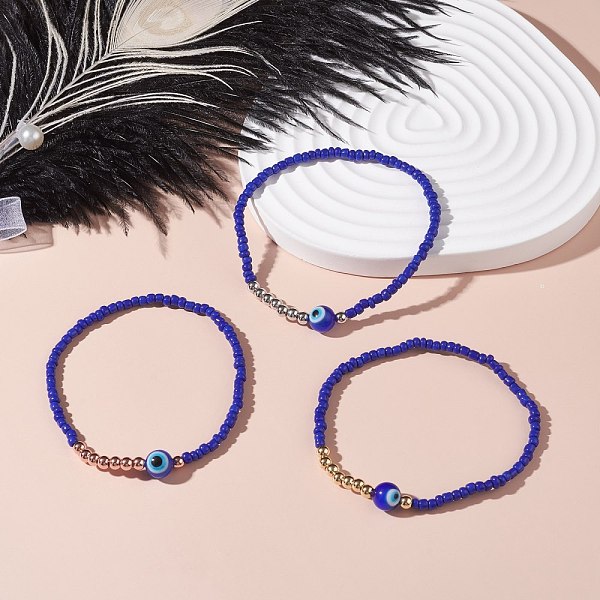 

PandaHall Evil Eye Stretch Bracelets Set for Girl Women, Lampwork & Glass Seed & Brass Beads Bracelets, Dainty Thin Bracelets, Blue, Inner...