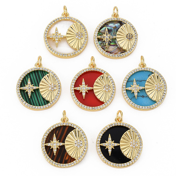 

PandaHall Brass Micro Pave Clear Cubic Zirconia Pendants, with Shell & Synthetic Stone & Acrylic and Jump Ring, Real 16K Gold Plated, Flat..., Multicolor