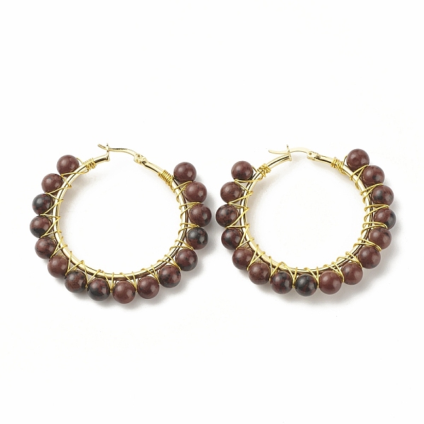 

PandaHall Natural Mahogany Obsidian Beaded Hoop Earrings for Women, Real 18K Gold Plated Wire Wrap Big Circle Hoop Earrings...