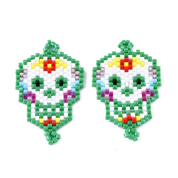 

PandaHall Handmade Seed Beads Links Connectors, with Elastic Thread, Loom Pattern, Sugar Skull, For Mexico Holiday Day of The Dead, Sea..., Green
