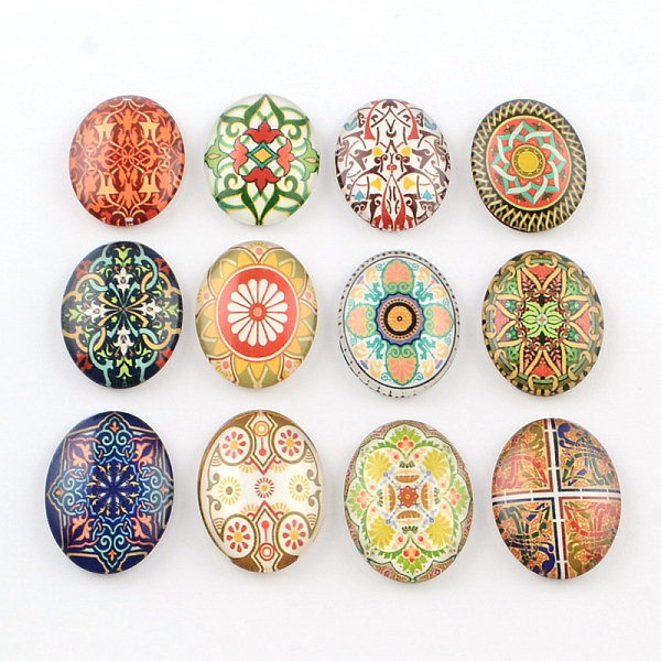 

PandaHall Kaleidoscope Flower Pattern Glass Oval Flatback Cabochons for DIY Projects, Mixed Color, 14x10x3mm Glass Oval Multicolor