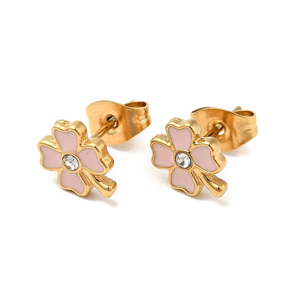 

PandaHall Enamel Clover with Crystal Rhinestone Stud Earrings with 316 Surgical Stainless Steel Pins, Gold Plated 304 Stainless Steel..., Pink
