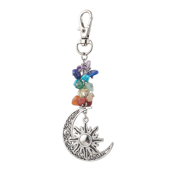 

PandaHall Natural & Synthetic Mixed Gemstone Chip Pendant Decorations, with Alloy Pendants and Swivel Clasps, Moon, Sun, 113mm Alloy Sun