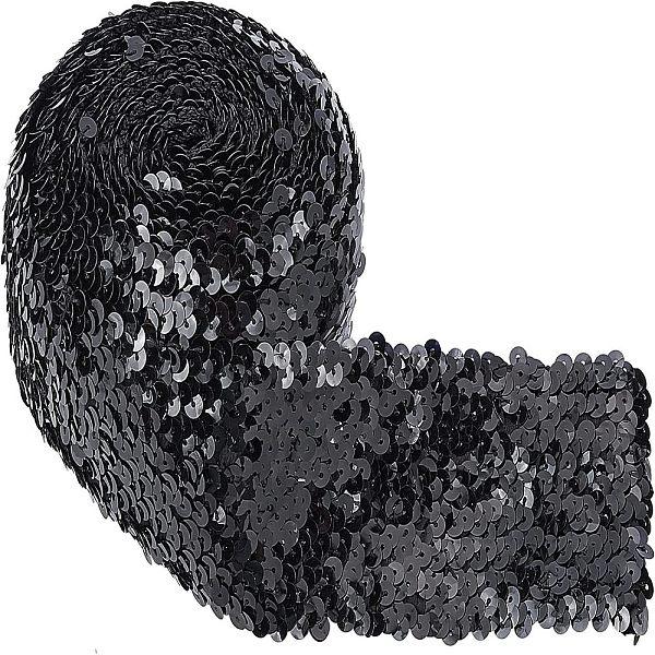 FINGERINSPIRE 5.5 Yards Sequin Trim Elastic Sequin Ribbon Flat Sequins Paillette Lace Trim 75mm Black Metallic Stretch Trim Bling Fabric...