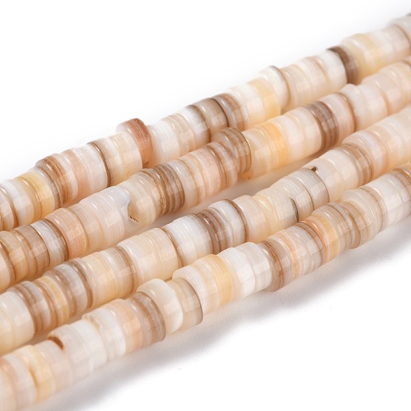 

PandaHall Natural Shell Beads, Flat Round/Disc, Heishi Beads, Linen, 5x1.5~3mm, Hole: 0.8~1mm, about 167~214pcs/strand, 15.55~15.94''..., Brown