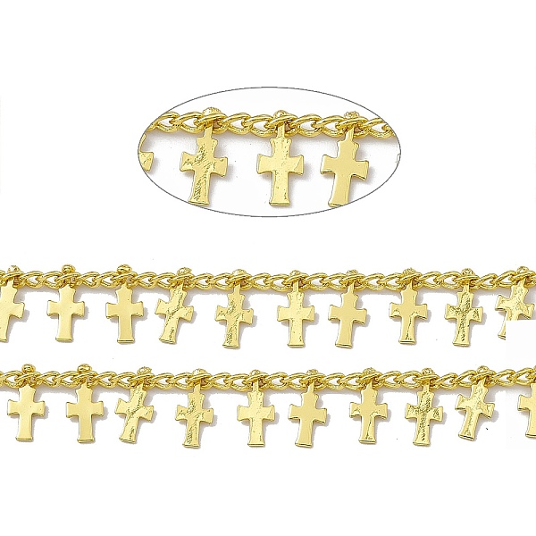 

PandaHall Handmade Brass Curb Chains, with Cross Charms, Soldered, with Spool, Real 18K Gold Plated, Link: 3x2x0.7mm Brass