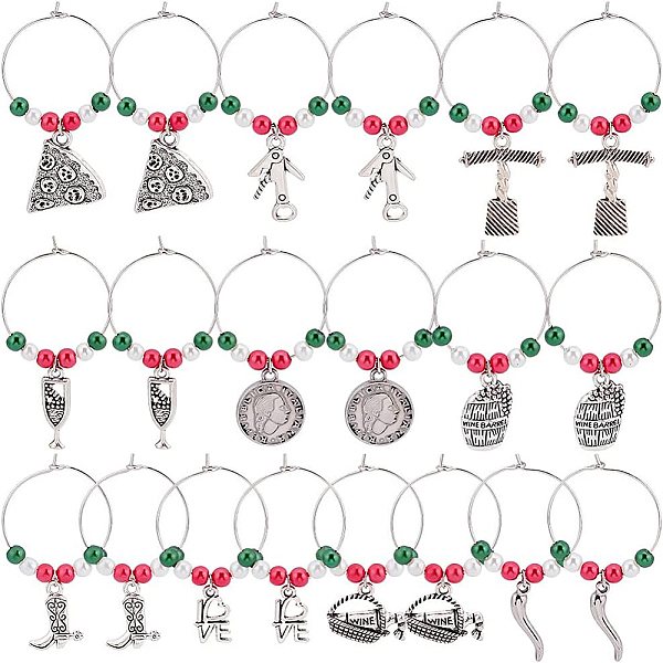 

PandaHall BENECREAT 20Sets 10 Styles Antique Silver Wine Glass Charms, Wine Barrel Opener Italian Horn Pendant with 3 Colors Pearl Glass...