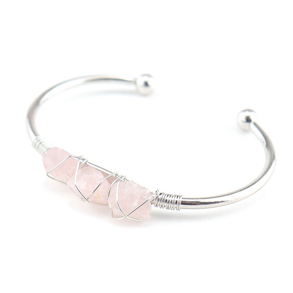 

PandaHall Natural Rose Quartz Chips Beaded Cuff Bangles, Metal Wire Wrap Bangle, Inner Diameter: 2-1/2 inch(6.5cm) Rose Quartz
