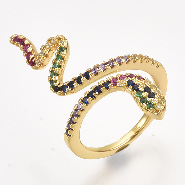 PandaHall Brass Micro Pave Cubic Zirconia Cuff Rings, Open Rings, Snake, Colorful, Size 6, 16mm Brass+Cubic Zirconia