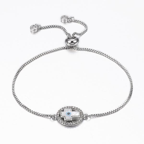

PandaHall Adjustable Brass Micro Pave Cubic Zirconia Bolo Bracelets, Slider Bracelets, with Brass Box Chains, with Shell, Oval and Cross..., Clear