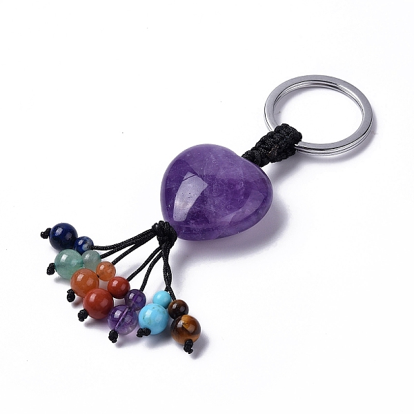 PandaHall Natural Amethyst Heart with Mixed Gemstone Tassel Keychains, with 304 Stainless Steel Ring Clasps, 8.5~9cm Amethyst Heart