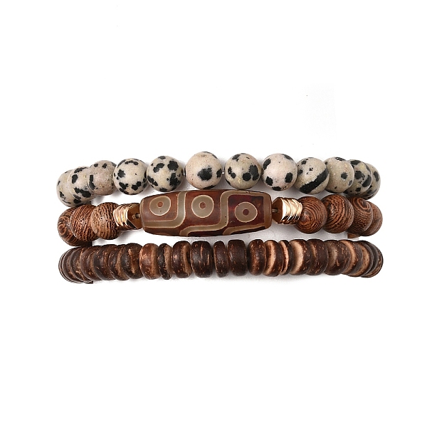 

PandaHall 3Pcs 3 Style Natural Dalmatian & Coir Wood Bbeaded Stretch Bracelets Set, Tibetan dZi Stackable Bracelets, Mixed Color, Inner..., Multicolor