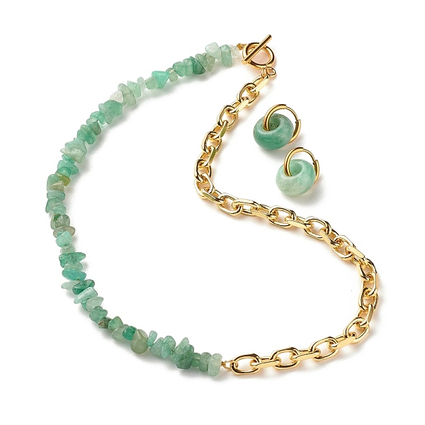 

PandaHall Natural Green Aventurine Chip Beads Jewelry Set, Gemstone Beaded Necklace and Drop Huggie Hoop Earrings for Women, Light Gold...
