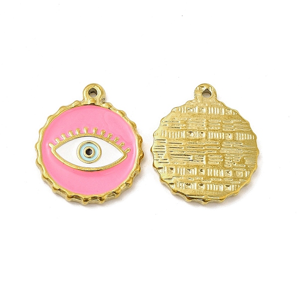 

PandaHall Vacuum Plating 201 Stainless Steel Enamel Pendants, Real 18K Gold Plated, Flat Round with Evil Eye Charm, Pearl Pink...