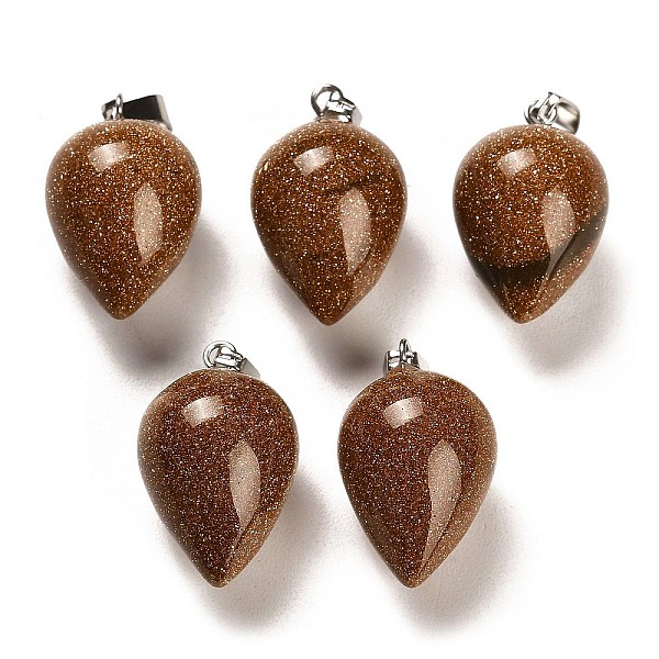 

PandaHall Synthetic Goldstone Pendants, with Platinum Plated Iron Snap on Bails, Teardrop, 24~25x15~16mm, Hole: 7x3.5mm Goldstone Teardrop