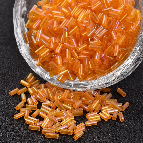 

PandaHall Glass Bugle Beads, Transparent Colours Rainbow, Orange, 3~5x1.8~2mm, Hole: 0.8mm, about 12000pcs/450g Glass Orange