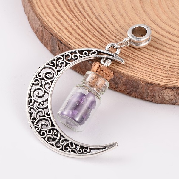 

PandaHall Moon Antique Silver Alloy European Dangle Charms, with Amethyst Glass Wishing Bottles, 57x28x10mm, Hole: 4.5mm Amethyst Moon