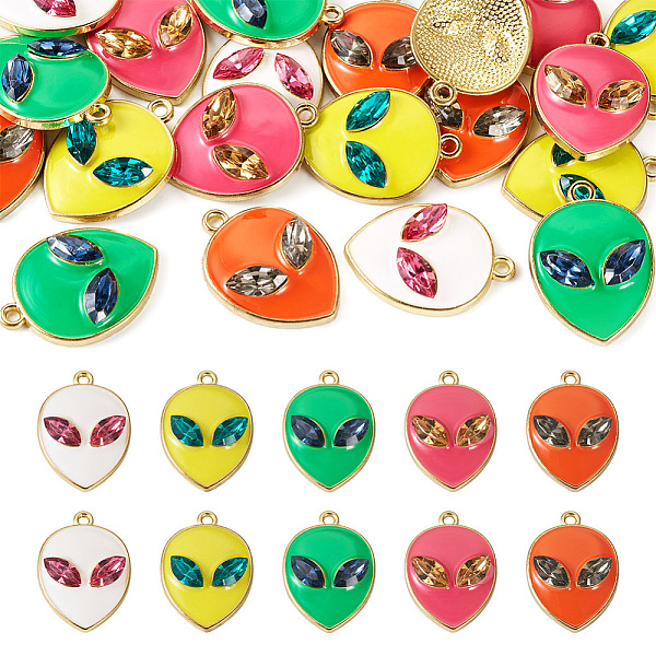 

PandaHall Spritewelry 20Pcs 5 Colors Alloy Enamel Pendants, with Glass Rhinestone, Light Gold, Alien Face, Mixed Color, 27.5x19.5~20x5~5.5mm..., Multicolor