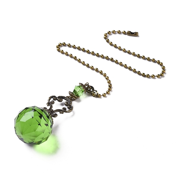 PandaHall Faceted Glass Round Big Pendant Decorations, with Tibetan Style Alloy Findings, Lime, 410mm Glass Round Green