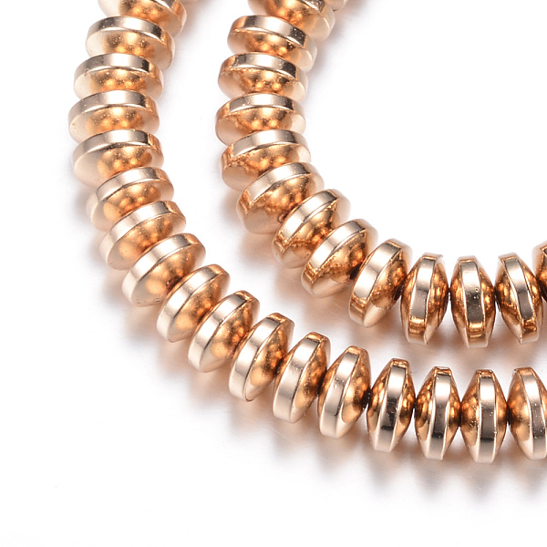 

PandaHall Electroplate Non-magnetic Synthetic Hematite Bead Strands, Rondelle, Light Gold Plated, 4x2mm, Hole: 1mm, about 180pcs/strand...