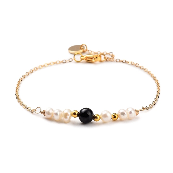 

PandaHall Natural Gemstone Beaded Bracelets, with Natural Pearl Beads, Brass Cable Chains & Beads & Charms, 304 Stainless Steel Lobster Claw...