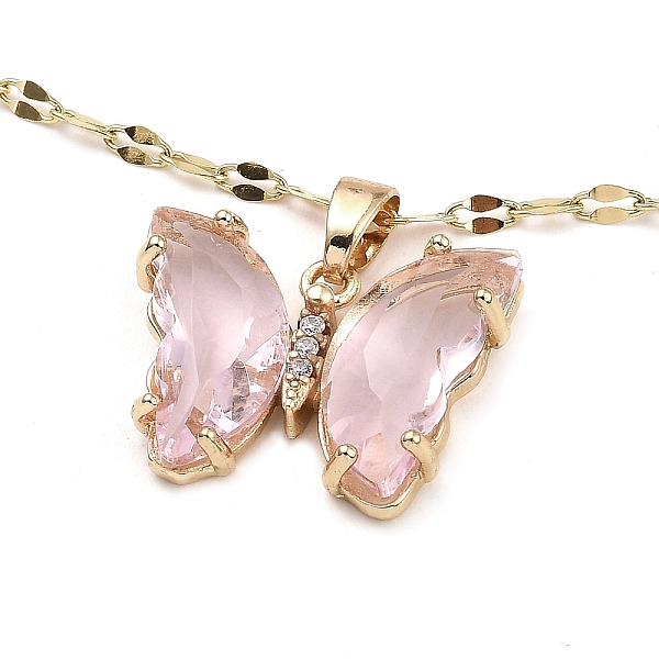 

PandaHall Butterfly Light Gold Brass Micro Pave Cubic Zirconia Pendant Necklaces, with Glass, Pink, 15.24 inch(38.7cm) Brass Butterfly Pink