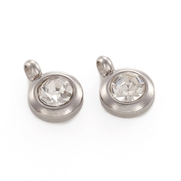 

PandaHall Trendy Original Color 304 Stainless Steel Grade A Rhinestone Flat Round Charm Pendants, April Birthstone Charms, Faceted..., Clear