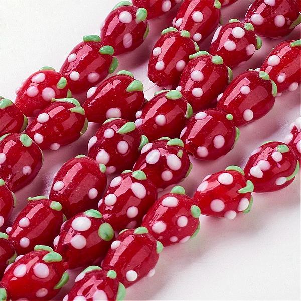 Handmade Lampwork 3D Strawberry Beads, Red, 10-13x8-10mm, Hole: 2mm