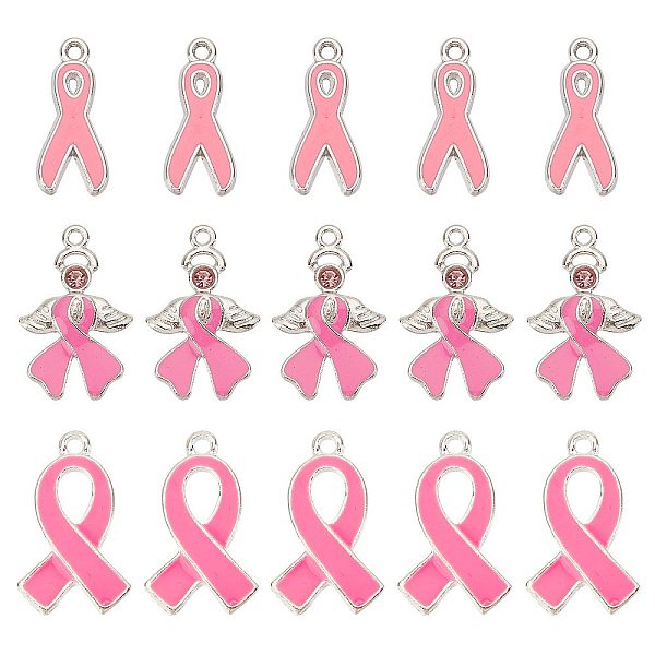 

PandaHall SUNNYCLUE 30Pcs 3 Style October Breast Cancer Pink Awareness Ribbon Alloy Enamel Pendants, with Rhinestone, Mixed Color..., Multicolor
