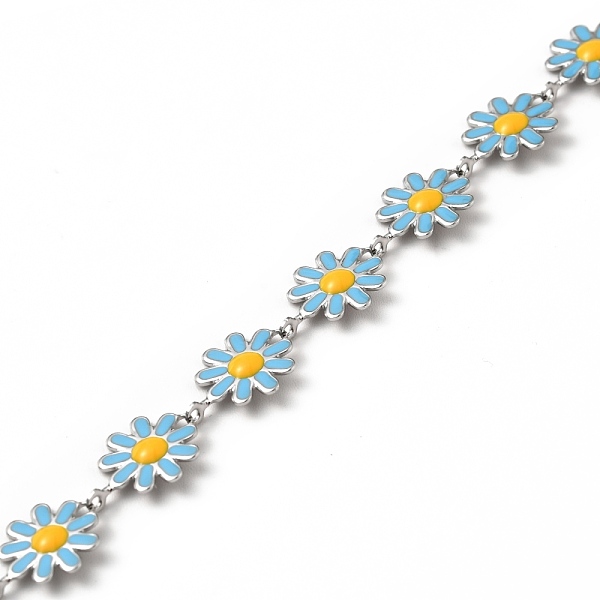

PandaHall 304 Stainless Steel Flower Link Chains, with Enamel, Soldered, with Spool, Deep Sky Blue, 10x1~2mm Stainless Steel+Enamel