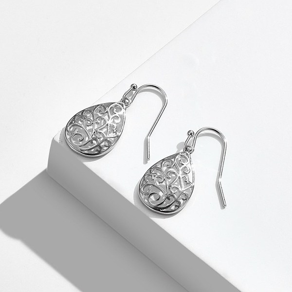

PandaHall Brass Dangle Earrings, Hollow, Teardrop, Platinum, 32.6mm Brass