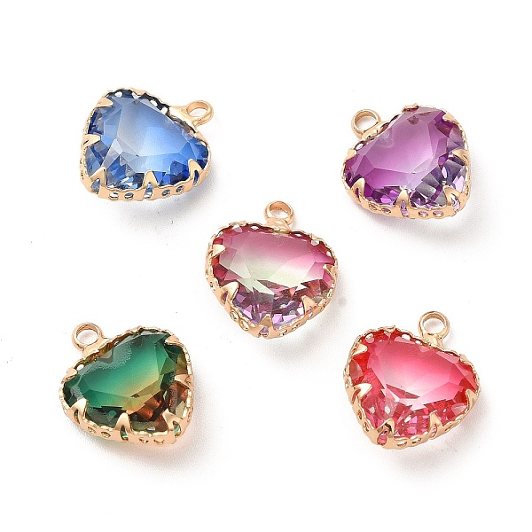 

PandaHall Brass with K9 Glass Pendants, Golden Heart Charms, Mixed Color, 15.5~16.5x12.5x5.5mm, Hole: 1.8mm K9 Glass Heart Multicolor
