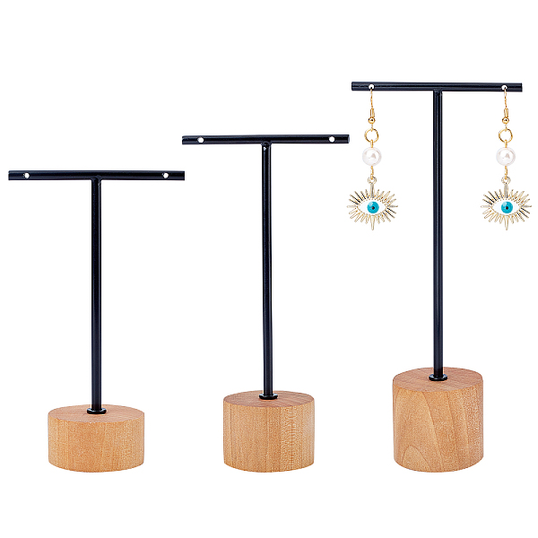 PandaHall FINGERINSPIRE Black Metal 3 Pcs T Bar Earring Display Stand with Wooden Base Jewelry Holders Hanging Jewelry Organizer for Store...