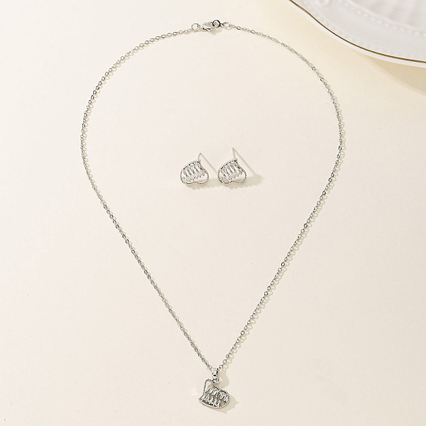 Vintage Retro Elegant Brass Cubic Zirconia Heart Stud Earrings & Necklaces Set For Women