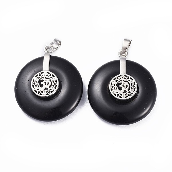 

PandaHall Natural Obsidian Pendants, with Platinum Tone Brass Findings, Donut/Pi Disc with Aum/Om Symbol, 35.5x30x8.5~9.5mm, Hole: 4.5x6.5mm..., Black