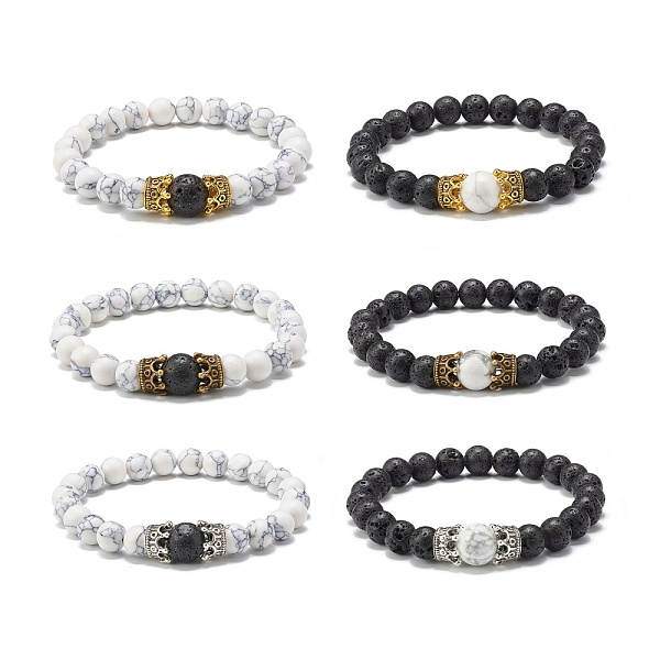 

PandaHall Natural Lava Rock & Natural and Synthetic Howlite Stretch Bracelets Set for Couples Best Friendship, Crown Alloy Beads Bracelets...