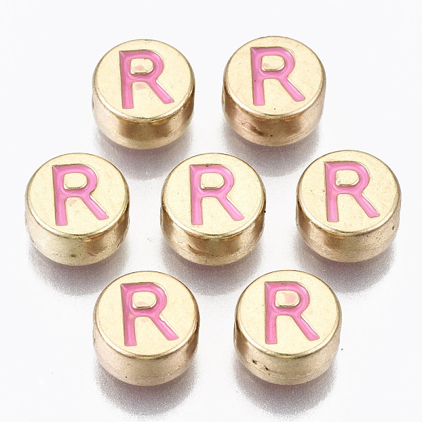 

PandaHall Alloy Enamel Beads, Cadmium Free & Lead Free, Flat Round with Initial Letters, Light Gold, Hot Pink, Letter.R, 8x4mm, Hole: 1.5mm...