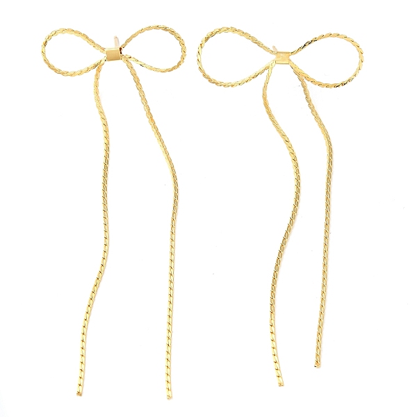 

PandaHall Brass Bowknot Stud Earrings, Tassel Earrings, Cadmium Free & Lead Free, Real 18K Gold Plated, 37x13.5mm Brass Bowknot